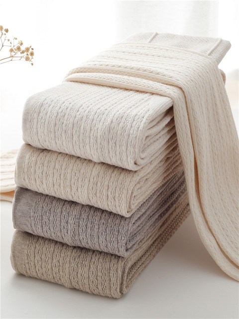 Cream-Colored Cable Knit Tights for Women, Spring and Autumn, Solid Color, Japanese Style, Versatile, Slimming, Outerwear, Vertical Stripes, Fleece-Lined Leggings