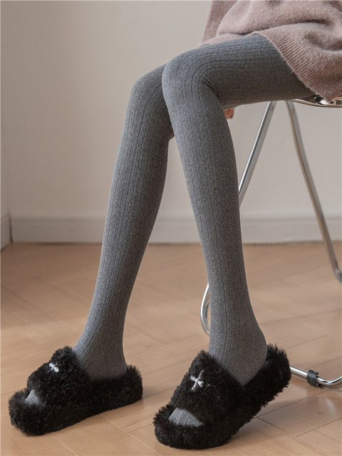 Cream-Colored Cable Knit Tights for Women, Spring and Autumn, Solid Color, Japanese Style, Versatile, Slimming, Outerwear, Vertical Stripes, Fleece-Lined Leggings