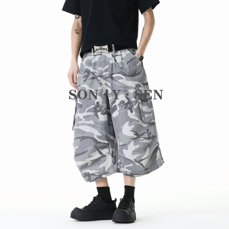 American-Style Tall Camouflage Capri Pants for Men and Women, Loose Casual Work Shorts, Vintage Straight-Leg Wide-Leg Pants, Trendy American-Style Tall Camouflage Capri Pants for Men and Women, Loose Casual Work Shorts, Vintage Straight-Leg Wide-Leg Pants, Trendy