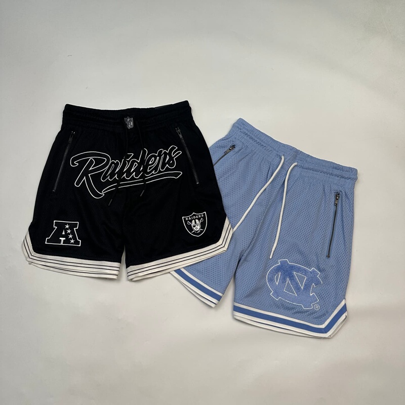 Summer New Product: American Ncaa North Carolina Double-Layer Heavy Embroidery Shorts, Knee-Length, Full Copper Zipper Pocket