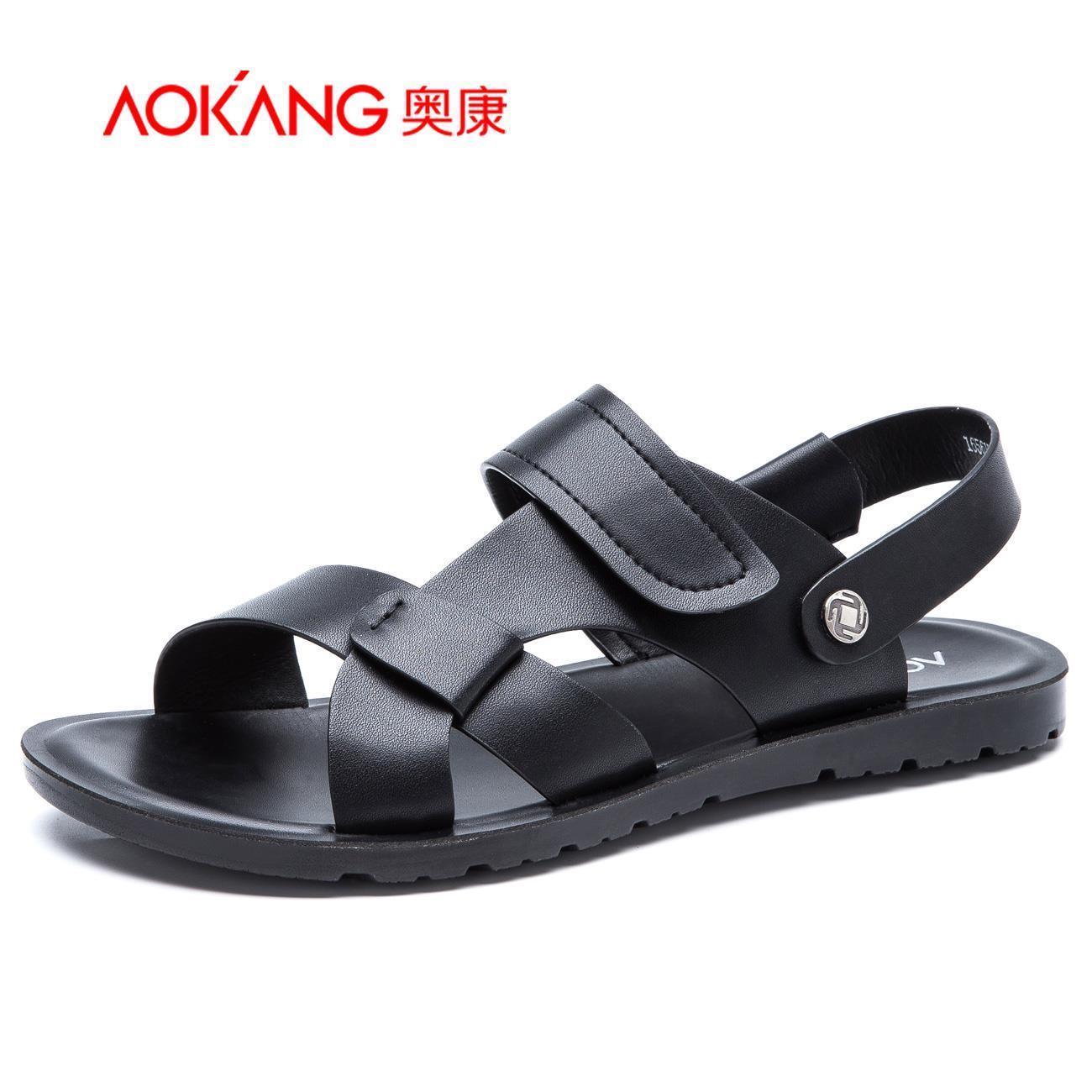 奥康男鞋官方旗舰店休闲鞋凉鞋夏季露趾魔术贴沙滩鞋平底品牌真皮