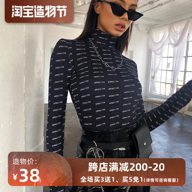 H home letter printing stand collar long sleeve tight European and American ins jumpsuit Female sense base top Casual T-shirt spring