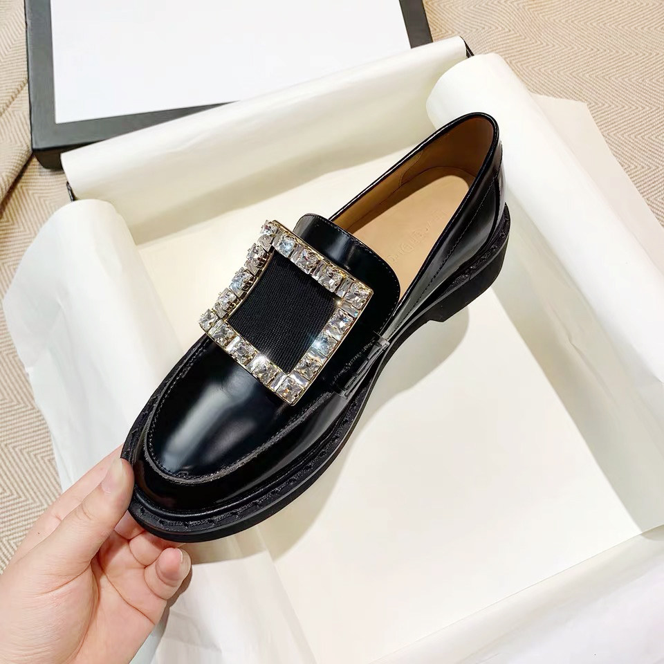 Special clearance rv square buckle loafers rhinestone British style small leather shoes women's leather thick bottom all-match one-slip shoes
