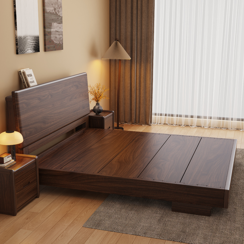 Walnut Wood Backrest Bed Frame 1.8m Double Bed Bedroom Tatami Floating Bed Mortise and Tenon Structure Box Solid Wood Bed Walnut Wood Backrest Bed Frame 1.8m Double Bed Bedroom Tatami Floating Bed Mortise and Tenon Structure Box Solid Wood Bed