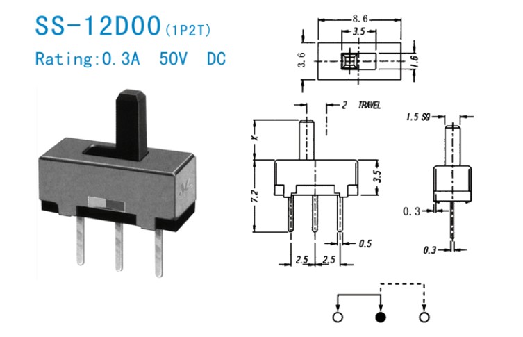 Nhỏ quăng switch SS12d00G4 công tắc điện nhỏ chéo tay cầm loại hai tốc độ ba-pin tay cầm dài 4mm.