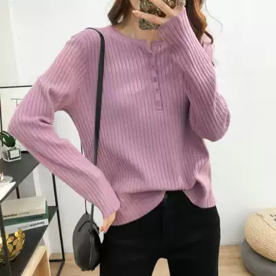 Pneumatic V-neck button long sleeve knitted sweater women loose top 2021 Autumn New Korean casual interior