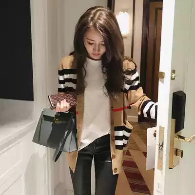 2021 spring new V-neck colorblock striped knitted cardigan women's long version Korean loose slim wool sweater