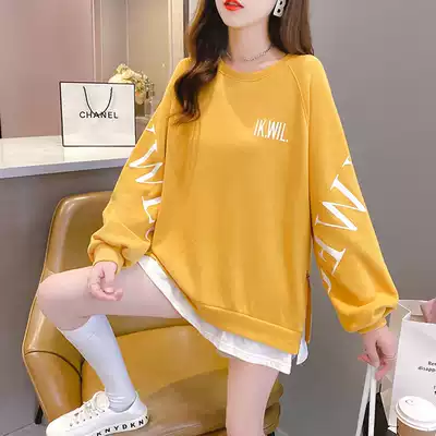 Spring 2021 new pullover round neck thick cotton T female Korean loose wild fake two-piece top tide ins jacket