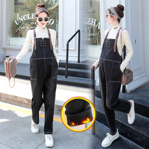 Pregnant womens straps 2021 new autumn and winter fashion winter wear plus velvet padded jeans