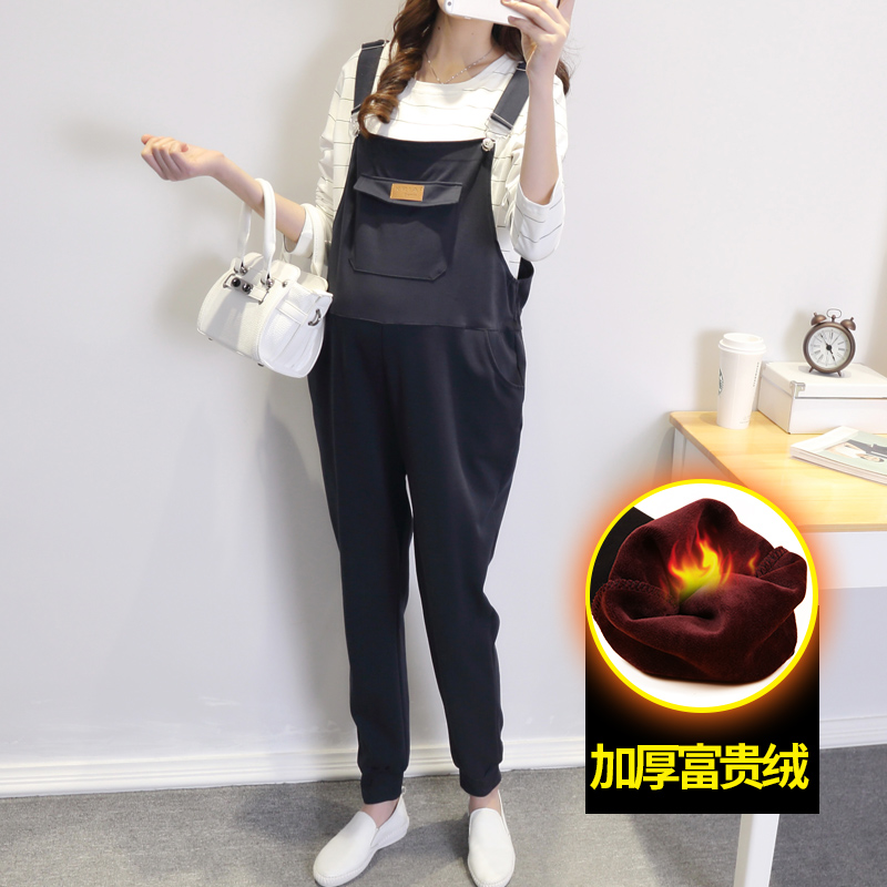 Pregnant women's baby bag pants fashion 2022 autumn and winter new outer wear plus velvet pants casual loose jumpsuit size