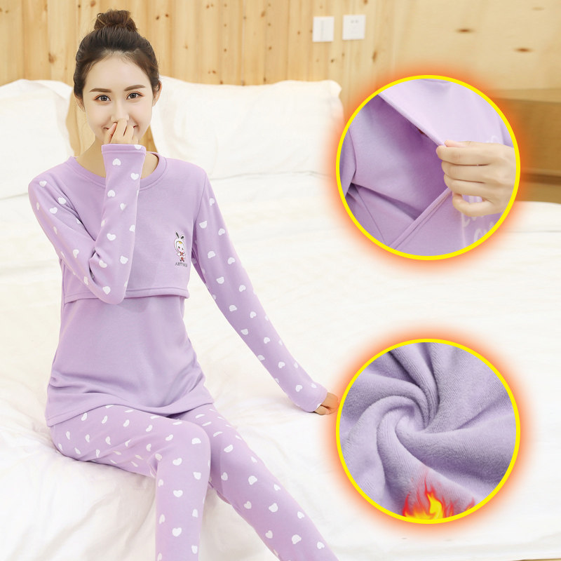 Pregnant Woman Sleepwear Plus Suede Thickened Breastfeeding Winter Warm Moon Subsuit For Postpartum Breastfeeding Suit Home Clothing