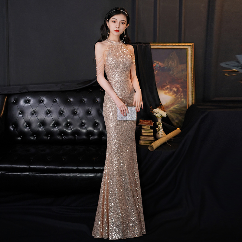 Golden Evening Dress for Women 2025 New Style High-End Light Luxury Niche Classy Hostess Elegant Socialite Stunning Mermaid Dress
