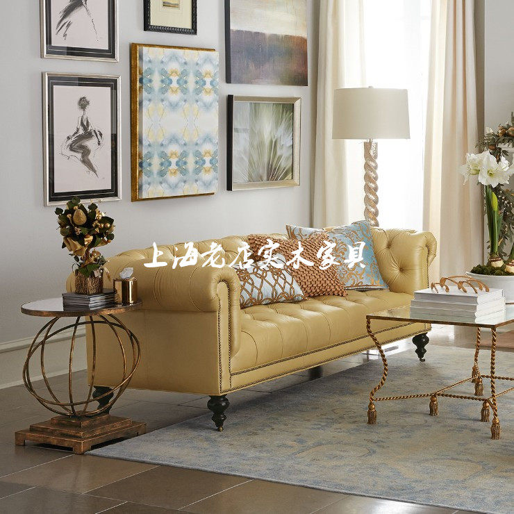 European three-person sofa size buckle leather sofa model room coffee shop American sofa