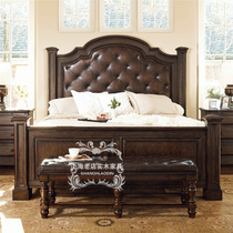 American country solid wood carved double bed bedroom modern retro old leather art big bed wedding bed princess bed custom