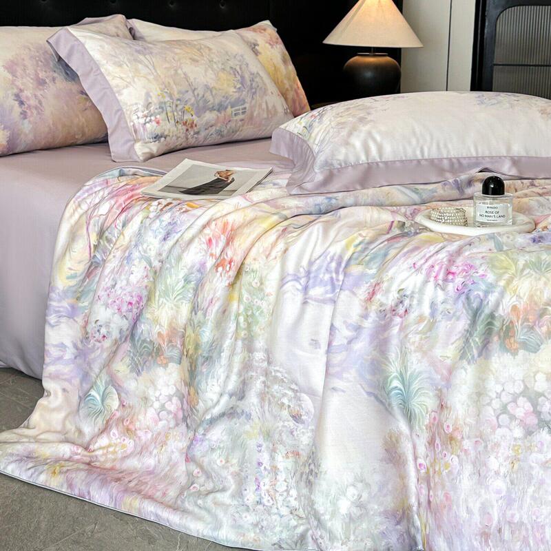 Summer 100% Lyocell Tencel Cooling Quilt Four-Piece Set, Cool and Silky Silk Bed Sheet, Machine Washable, Thin Quilt for Sleeping Naked