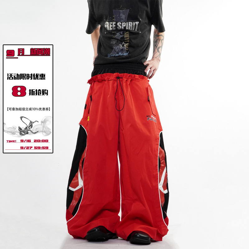 76Street Racing Motorcycle Deconstructed Patchwork Color-Block Double Waistband Casual Pants Unisex Loose Wide-Leg Long Pants Trendy
