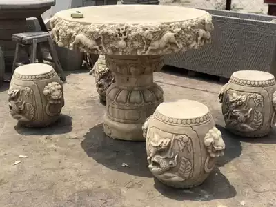 Stone carving Stone table Stone stool Courtyard Garden Stone table and chair Stone antique round table Marble outdoor stone table Household ornaments