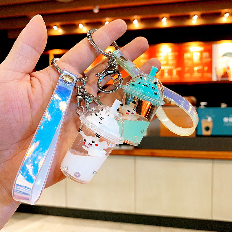 Cartoon Acrylic Milk Tea Cup Cartoon Woman Floating Key Chain Liquid Into Oil Flow Sand Hanging Decoration Small Pendant Key Buckle