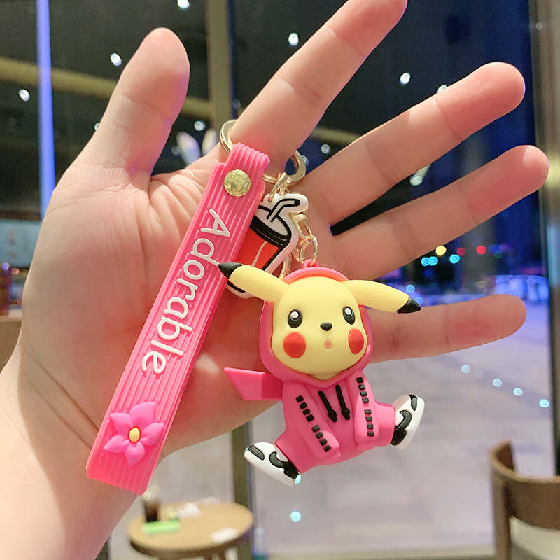 Light Grey & Pink Guard Pikachua bag Doll Key buckle Pendant female lovers lovely ins originality Ring Internet celebrity automobile Key chain Small Pendant