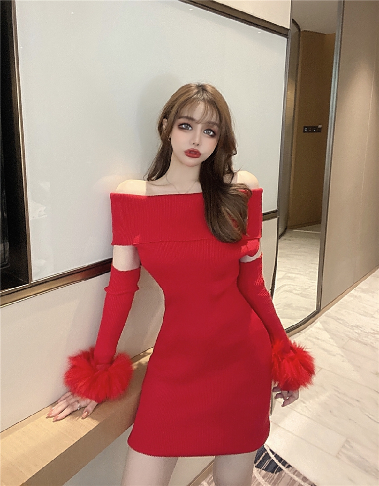 실사 오프숄더 털장식 니트원피스 | 도매샵365