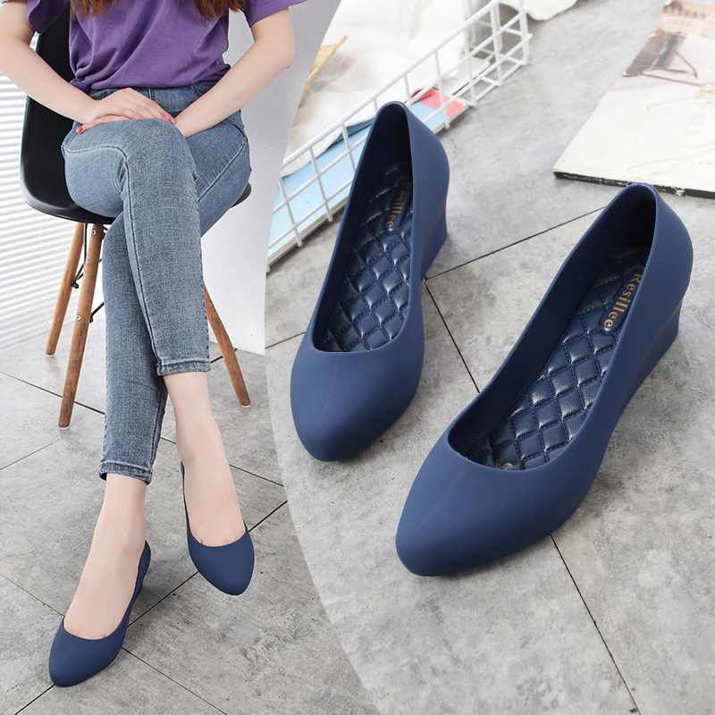 Medium heel 5 cm solid color shallow mouth Baotou wedge rain boots small pointed toe non-slip waterproof shoes beach shoes jelly shoes women