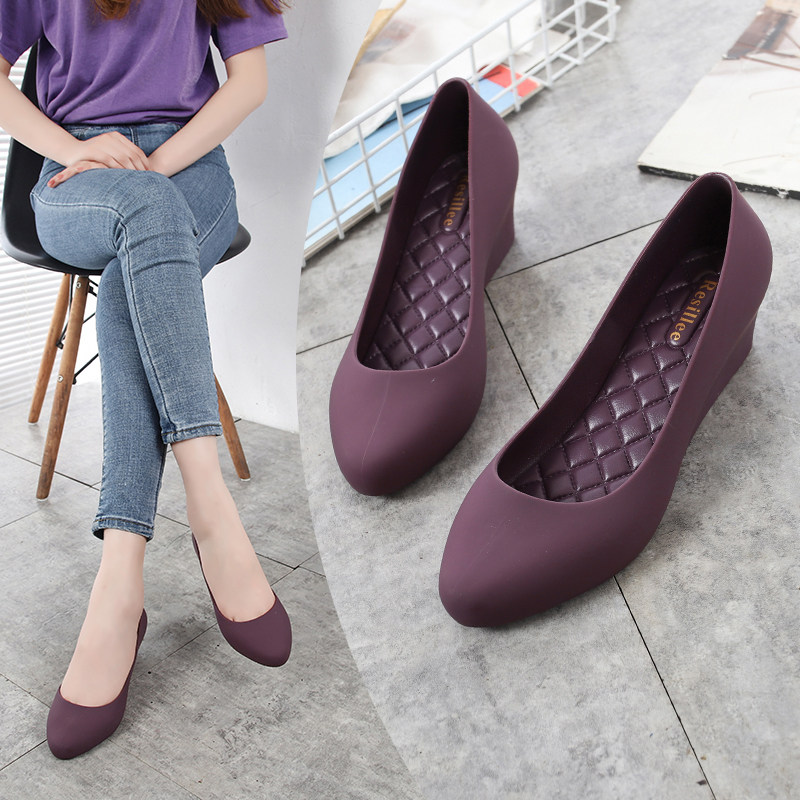 Summer shallow pointed toe rain boots wedge heel jelly thick bottom mother kitchen waterproof rubber shoes women's fashion high-heeled water shoes