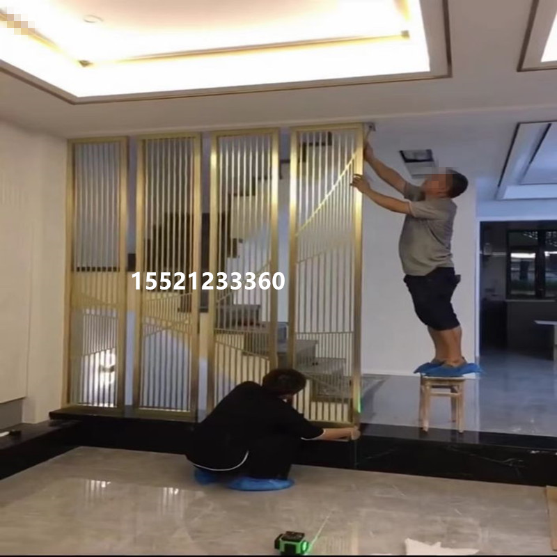 Titanium metal stainless steel Screen modern minimalist living-room champagne-champagne light and luxurious aluminium carved partition wall hollowed-out flower lattice 