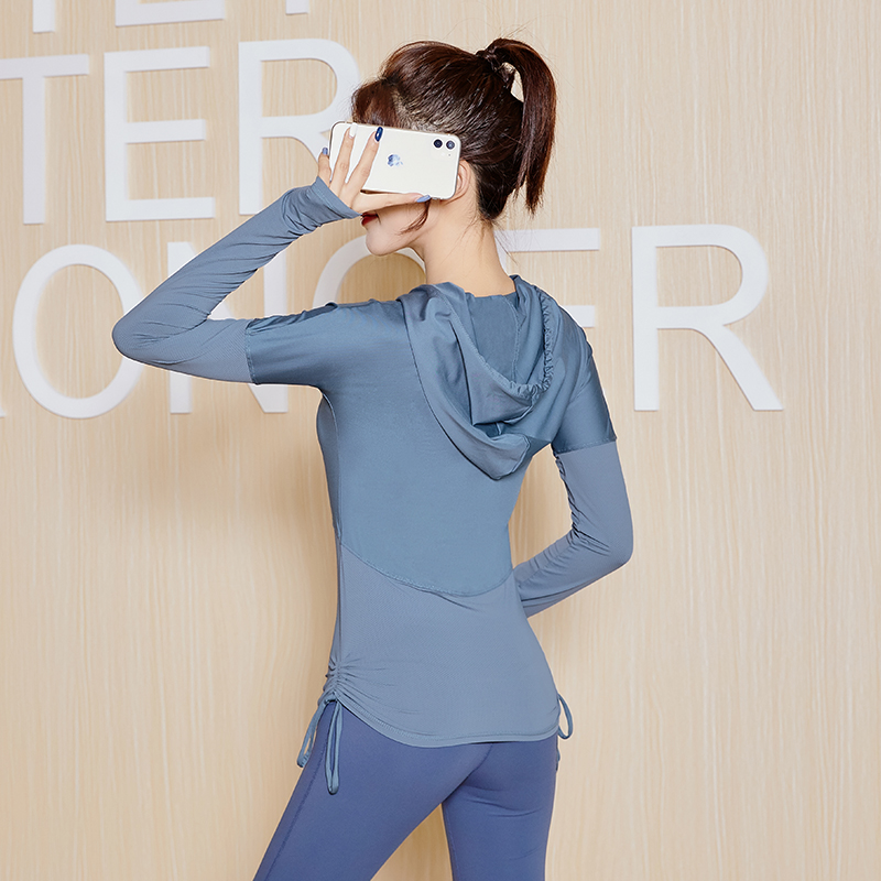 Long sleeve yoga suit Spring and summer new running outdoor exercise hood sports topper female breathable speed dry fitness T-shirt