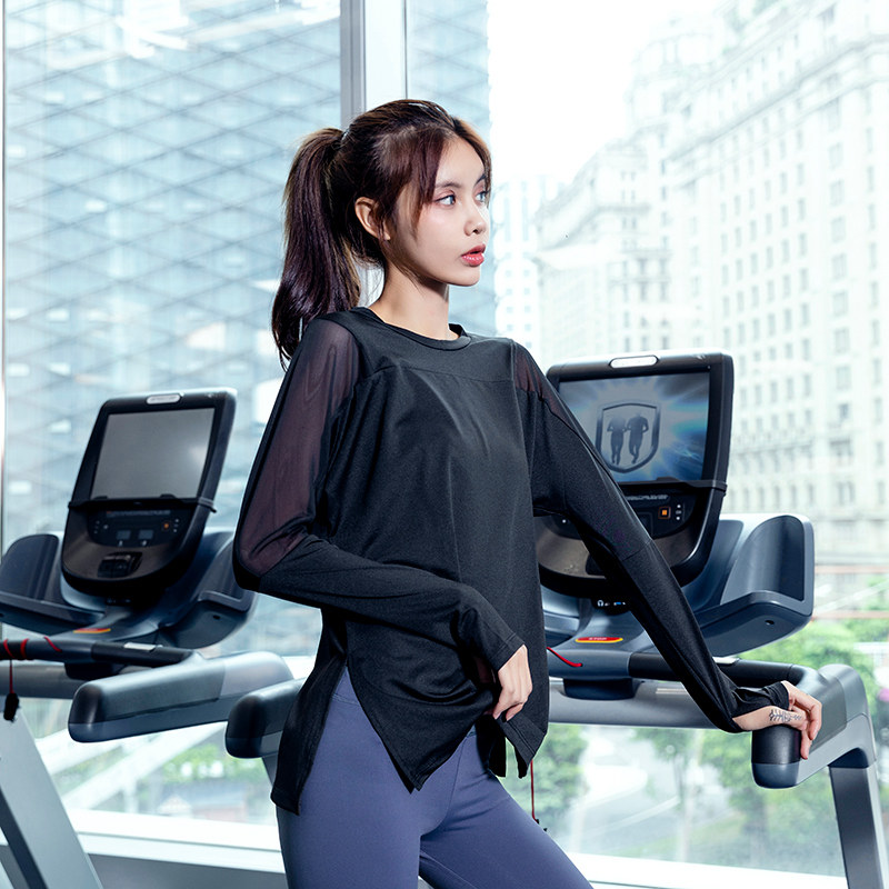 Spring Summer New Mesh Yarn Splicing Long Sleeve Woman Loose Comfort Sports Blouse Outdoor Exercise Large Size Yard Professional Fitness Room