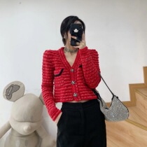 Red little fragrant windy cardiovert shorts jacket woman 2020 New exploits V collar temperament Knitted Blouse Tide