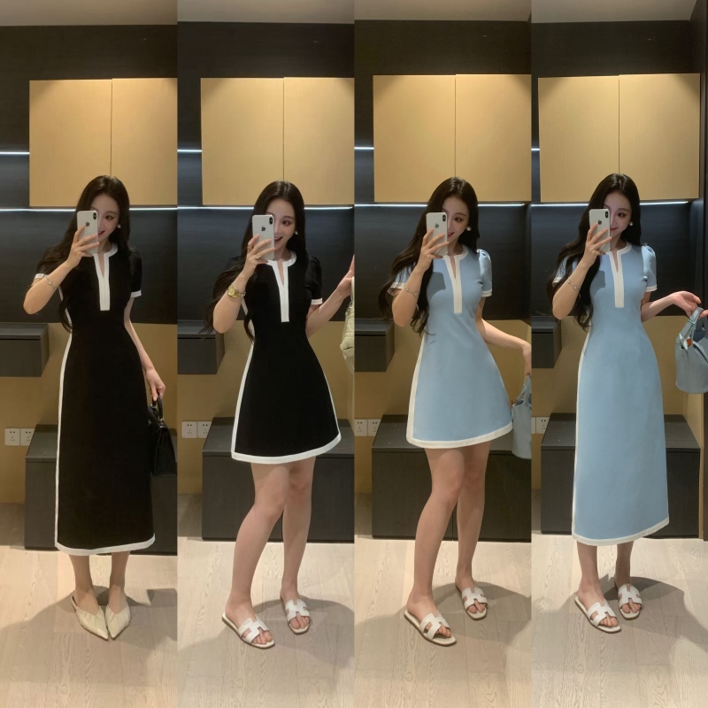Xinyi【Contouring Dress】Black and White Color-Blocking Dress for Slightly Chubby Women, Summer Waist-Cinching Slimming Dress with Elegant Temperament