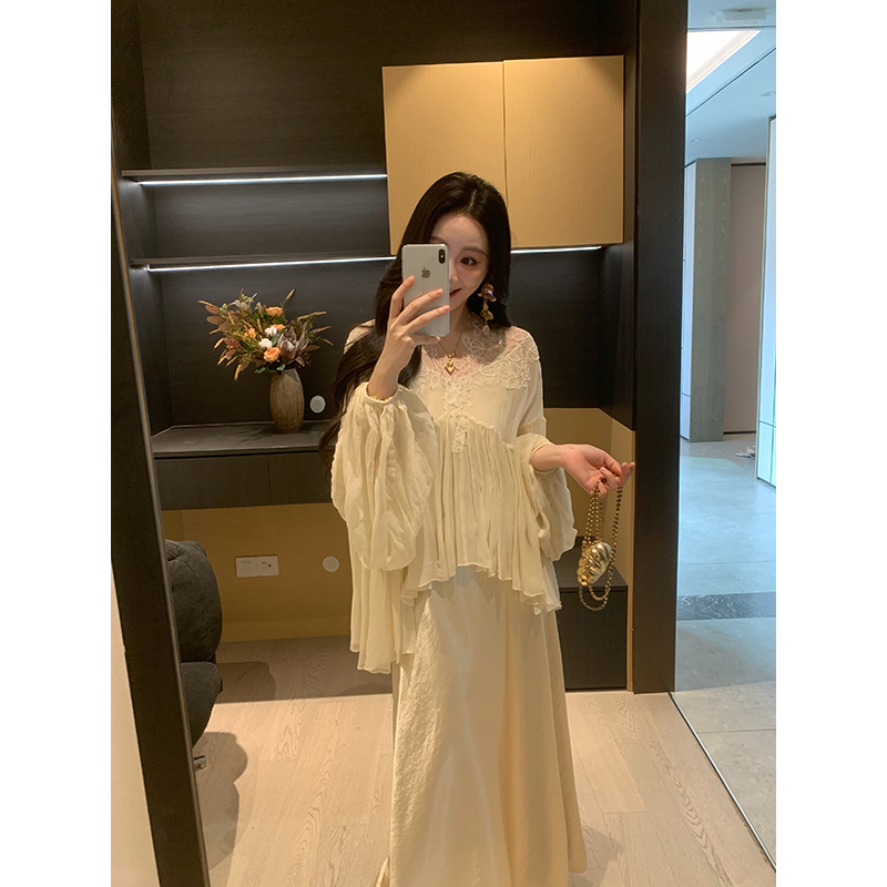 Xinyi [Muse Goddess] 100% Rayon Blouse + Satin Camisole Dress Set for Women, Summer Slimming Two-Piece Set