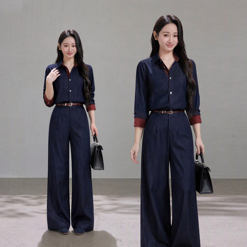 Xinyi【Cool Denim】Korean Retro Color-Block Hong Kong Style Denim Jacket + Straight-Leg Pants Women's Autumn Slimming Set