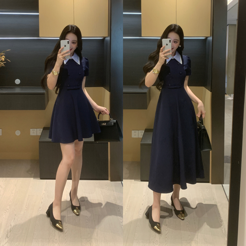 Xinyi [Madeleine] Slightly Plump Women's Summer French-Style Waist-Cinching Slimming Lapel Dress with Contrasting Collar and Suit Jacket Style