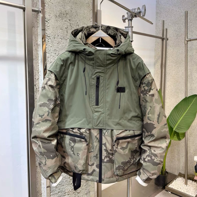Camouflage down Jacket for Men, Winter Patchwork Faux Two-Piece White Duck down Warm Coat, Casual Hooded Cold-Resistant Jacket