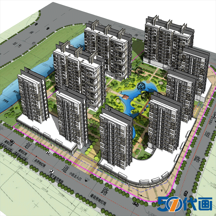 T1957居住区规划SU模型小区建筑方案高层楼盘住宅sketchup设...-8