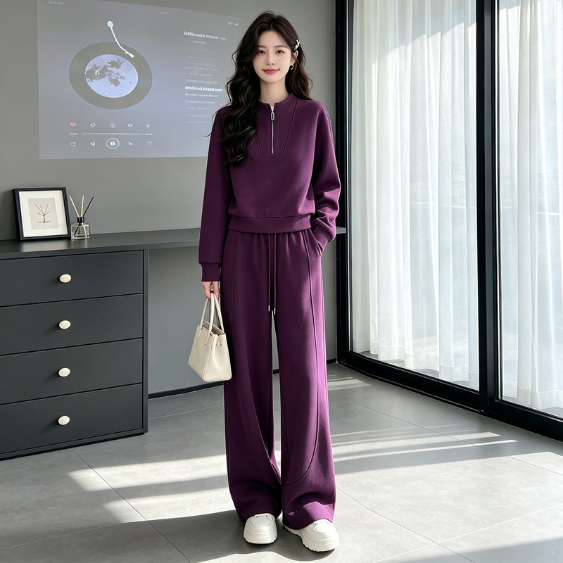 Purple Casual Sports Suit for Women, Spring and Autumn, Lazy Style, Age-Reducing, Stylish Half-Zip Sweatshirt, Wide-Leg Pants Two-Piece Set Purple Casual Sports Suit for Women, Spring and Autumn, Lazy Style, Age-Reducing, Stylish Half-Zip Sweatshirt, Wide-Leg Pants Two-Piece Set