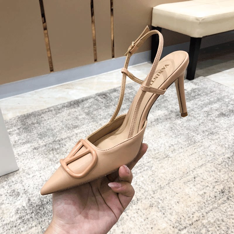 Hong Kong VANINTENO shoes for women summer V-buckle leather high heels stiletto pointed toe nude sandals for women