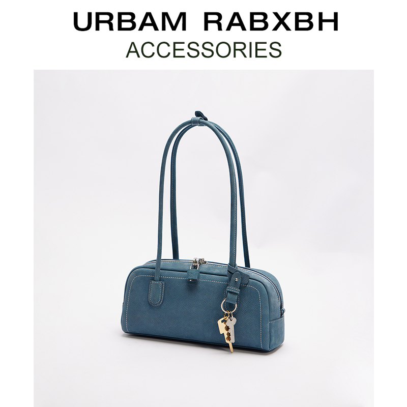 Suede Lychee Pattern First-Layer Cowhide Long Boston Bag for Women 2026 Spring New Barn Style Commuter Underarm Bag