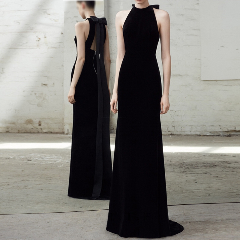 Black French-Style Halter Velvet Elegant Banquet Bride Wedding Engagement Red Train Toast Evening Dress