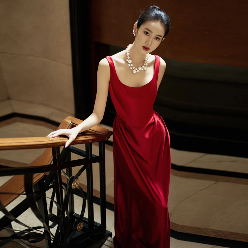 French-Style Satin Red Spaghetti Strap Slimming Elegant Bridal Wedding Engagement Homecoming Toast Evening Dress