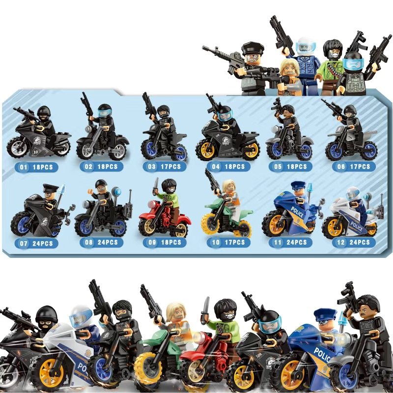 Anti- Special Forces Team Building Block Figures, Educational Assembly Particles, Motorcycle, Swat, Boy Student Gift