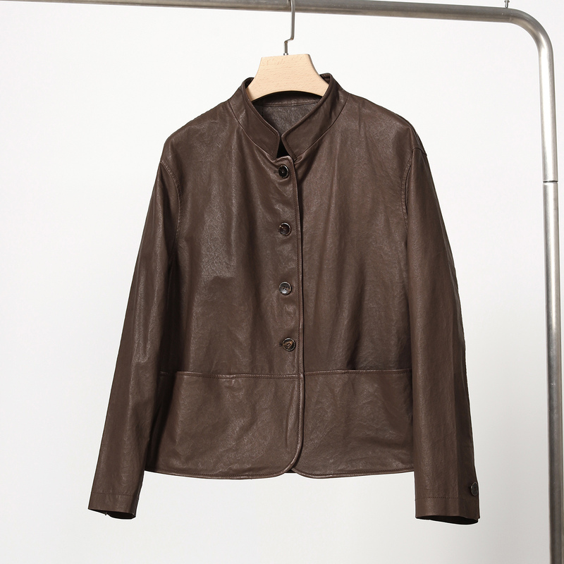 【Twisted Leather Jacket】Brown Leather Jacket for Women, Short Style, 2026 New Model, Petite Size, High-End Feel, Stand Collar Leather Jacket