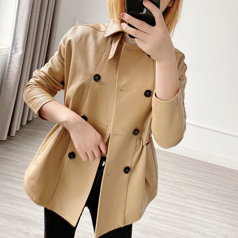 2022 Spring autumn season new Korean version of sheep leather double-row button to collect waist and wind clothes Short-leather fur coat girl 20219