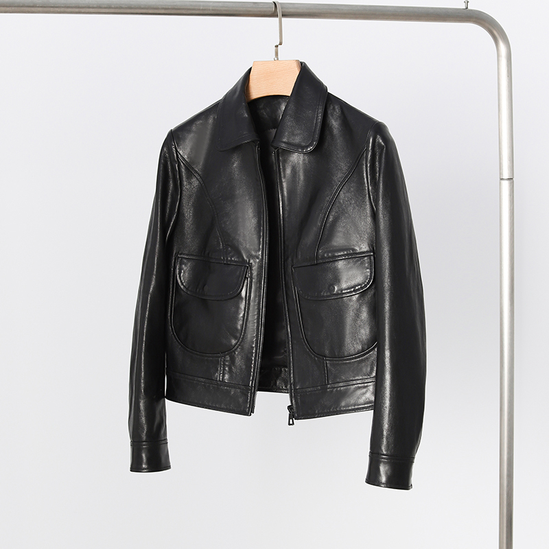 Palm-Sized Liu Shishi Style Genuine Leather Jacket for Women, Short, Petite, Slim-Fit Lambskin Jacket, Black