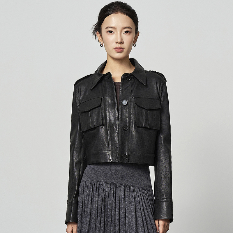 Princess Wen's Same Style Genuine Leather Jacket for Women 2026 New Elastic Sheepskin Jacket Short Cool Style Black