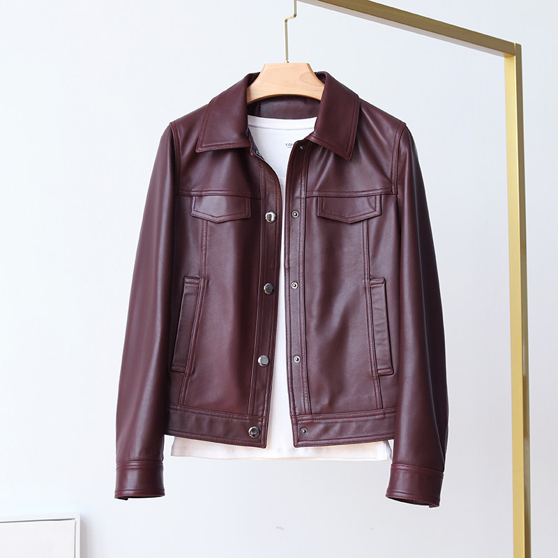 2022 Spring Autumn New Leather Jacket Short leather Body Leather leather Leather Wine Red Coat Wine Red Coat Z902