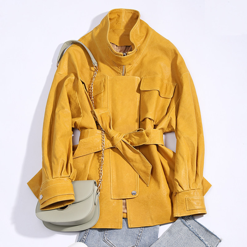 Special price 2022 new spring autumn Euro stock fashion Haining sheep leather leather leather clothing women loose cashew M35-1