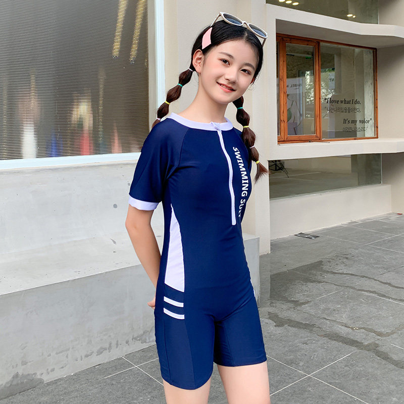 Baiya girls swimwear polyester new one-piece student sports swimming cute 7-14 years old middle and large children's swimsuit