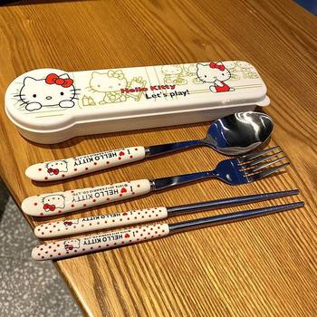 Hello Kitty Portable Cutlery Set Stainless Steel Chopsticks Set Student Ceramic Touch Cartoon Kt Spoon Fork